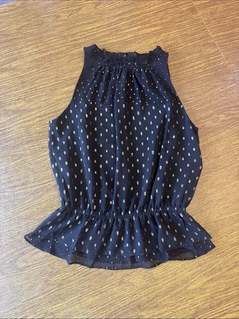 White House Black Market Black Halter Peplum Top with Gold Dot Motif